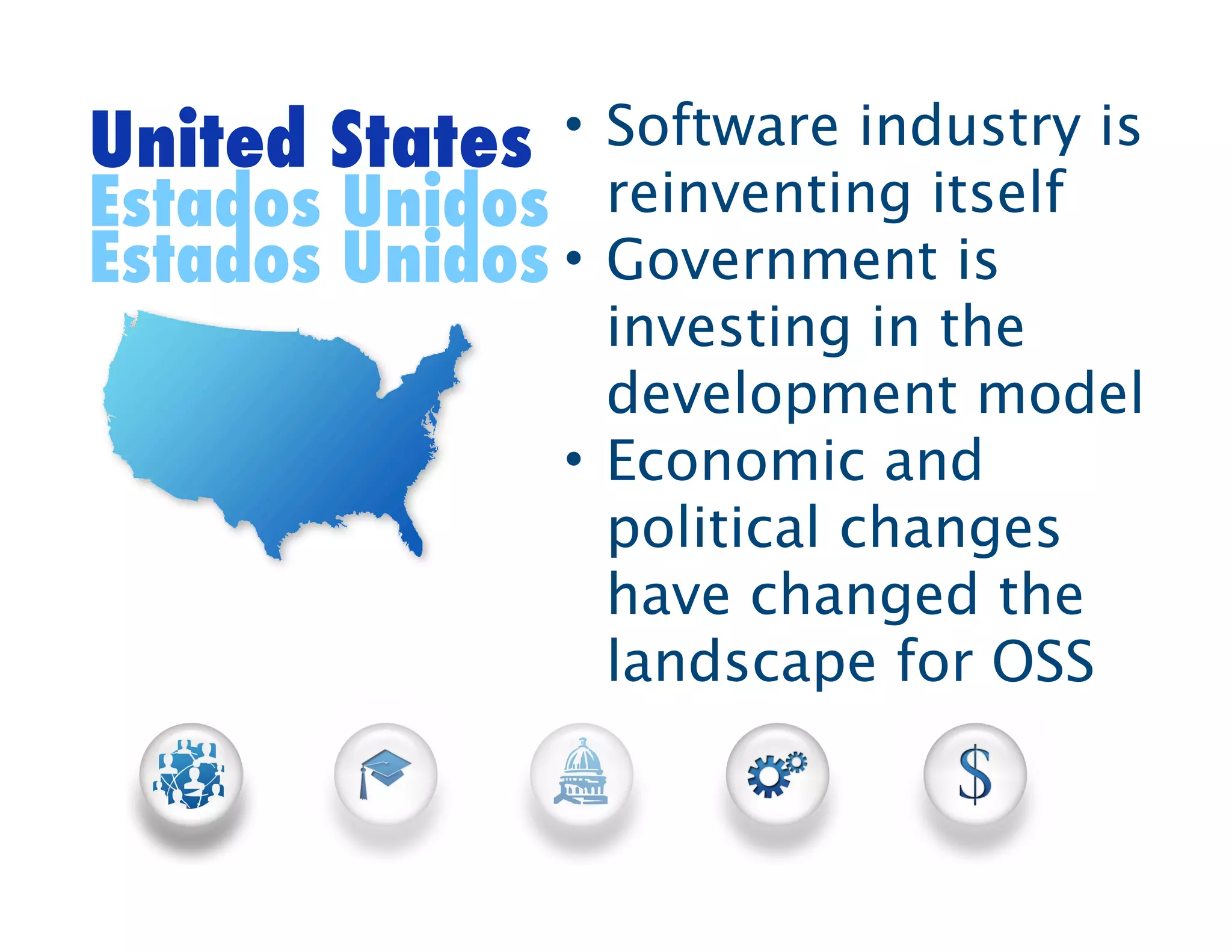 United States    • Software industry is
Estados   Unidos reinventing itself
Estados   Unidos • Government is
                   investing in the
                   development model
                 • Economic and
                   political changes
                   have changed the
                   landscape for OSS
 