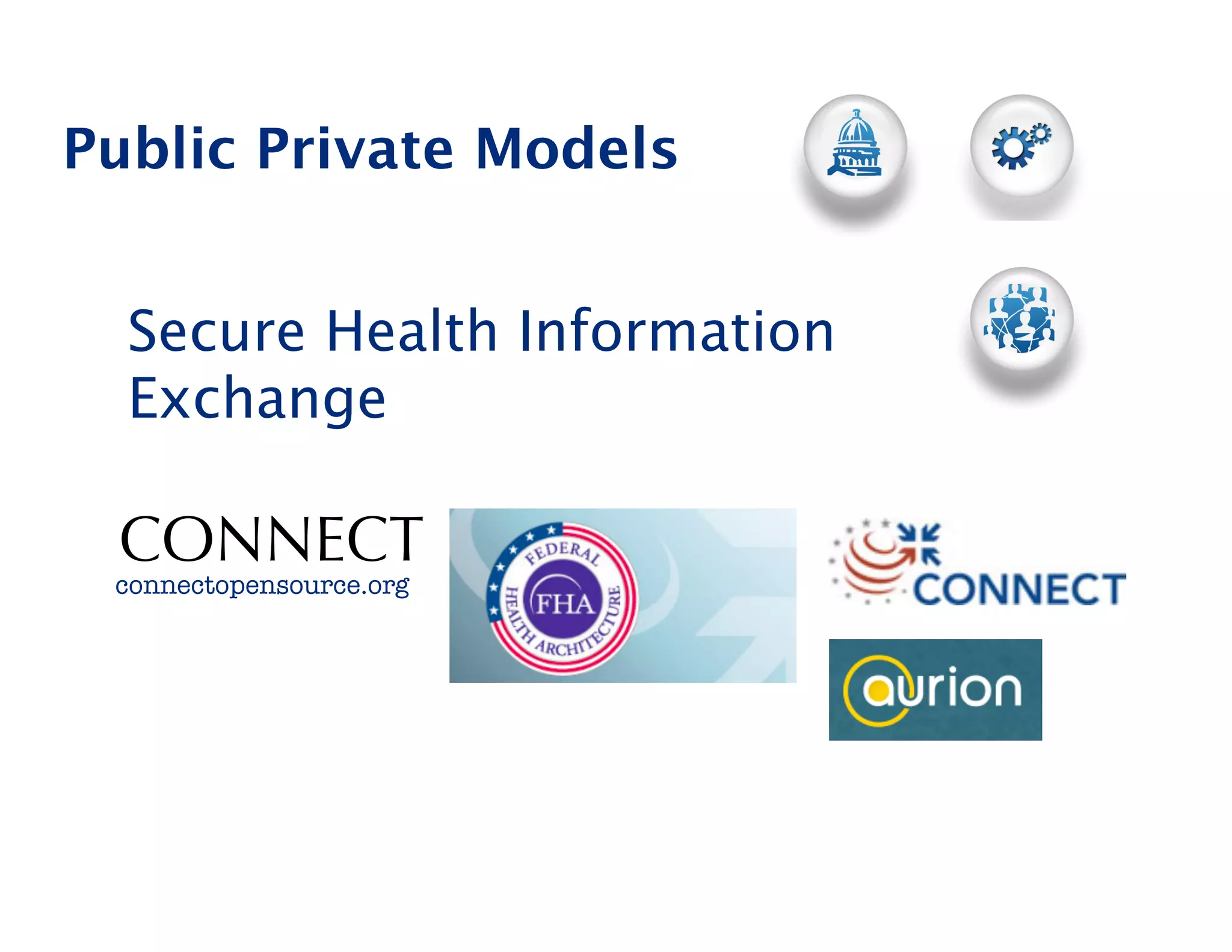 Public Private Models


  Secure Health Information
  Exchange

 CONNECT
 connectopensource.org




                              22
 