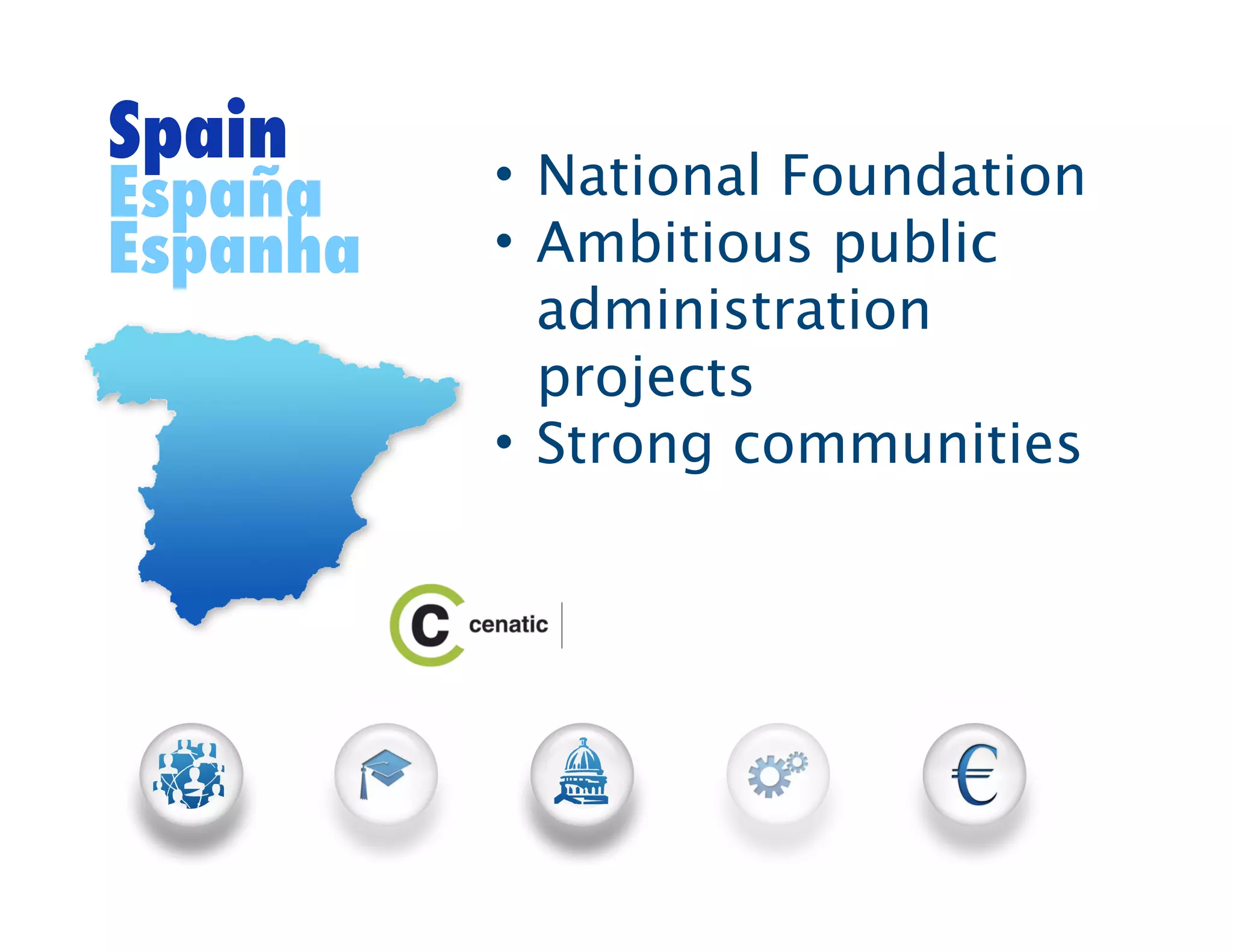Spain     • National Foundation
España
Espanha   • Ambitious public
            administration
            projects
          • Strong communities
 