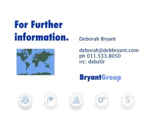 For Further
information.   Deborah Bryant

               deborah@debbryant.com
               ph 011.533.8050
               irc: debz0r


               BryantGroup
 