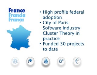France    • High proﬁle federal
Francia     adoption
França    • City of Paris:
            Software Industry
            Cluster Theory in
            practice
          • Funded 30 projects
            to date
 