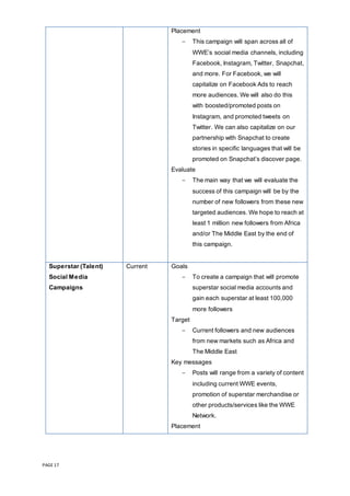 PAGE 17
Placement
- This campaign will span across all of
WWE’s social media channels, including
Facebook, Instagram, Twitter, Snapchat,
and more. For Facebook, we will
capitalize on Facebook Ads to reach
more audiences. We will also do this
with boosted/promoted posts on
Instagram, and promoted tweets on
Twitter. We can also capitalize on our
partnership with Snapchat to create
stories in specific languages that will be
promoted on Snapchat’s discover page.
Evaluate
- The main way that we will evaluate the
success of this campaign will be by the
number of new followers from these new
targeted audiences. We hope to reach at
least 1 million new followers from Africa
and/or The Middle East by the end of
this campaign.
Superstar (Talent)
Social Media
Campaigns
Current Goals
- To create a campaign that will promote
superstar social media accounts and
gain each superstar at least 100,000
more followers
Target
- Current followers and new audiences
from new markets such as Africa and
The Middle East
Key messages
- Posts will range from a variety of content
including current WWE events,
promotion of superstar merchandise or
other products/services like the WWE
Network.
Placement
 