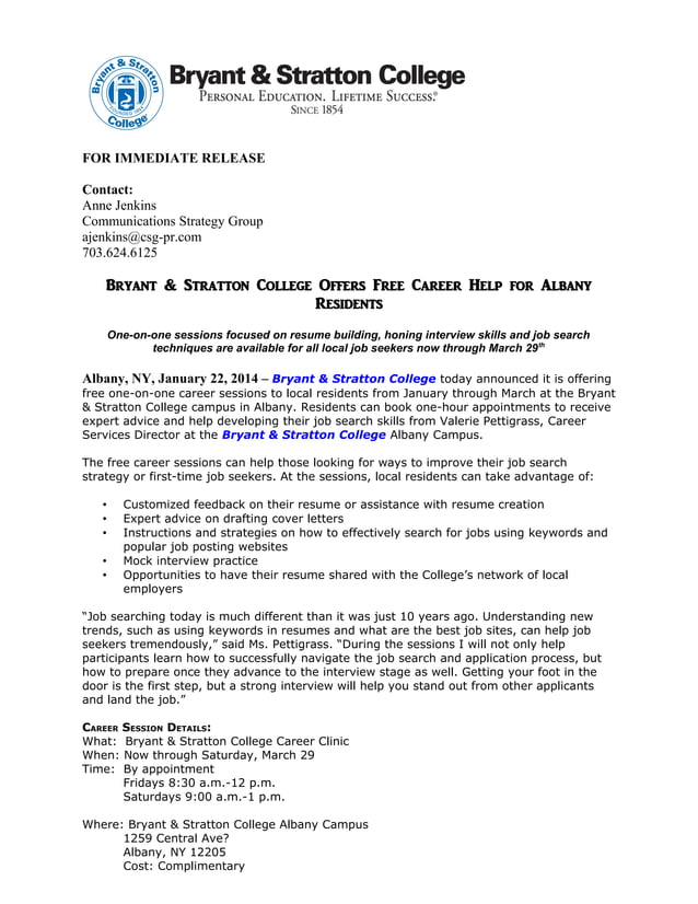 Bryant & stratton college offers free career help for albany residents