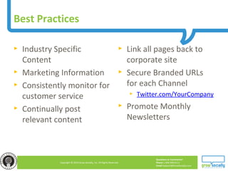 Questions or Comments?
Phone 1.800.948.0113
Email Support@GrowSocially.com
Copyright © 2010 Grow Socially, Inc. All Rights Reserved.
► Industry Specific
Content
► Marketing Information
► Consistently monitor for
customer service
► Continually post
relevant content
► Link all pages back to
corporate site
► Secure Branded URLs
for each Channel
► Twitter.com/YourCompany
► Promote Monthly
Newsletters
Best Practices
 