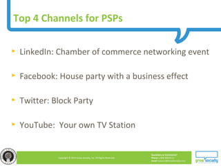Questions or Comments?
Phone 1.800.948.0113
Email Support@GrowSocially.com
Copyright © 2010 Grow Socially, Inc. All Rights Reserved.
Top 4 Channels for PSPs
► LinkedIn: Chamber of commerce networking event
► Facebook: House party with a business effect
► Twitter: Block Party
► YouTube: Your own TV Station
 