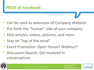 Questions or Comments?
Phone 1.800.948.0113
Email Support@GrowSocially.com
Copyright © 2010 Grow Socially, Inc. All Rights Reserved.
PROS of Facebook
► Can be used as extension of Company Website
► Put forth the “human” side of your company
► Post articles, videos, pictures, and more
► Stay on “top of the mind”
► Event Promotion: Open House? Webinar?
► Discussion Boards: Get involved in
conversations
 