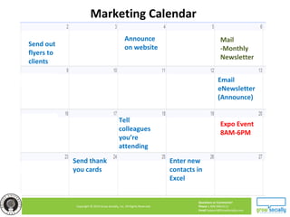 Questions or Comments?
Phone 1.800.948.0113
Email Support@GrowSocially.com
Copyright © 2010 Grow Socially, Inc. All Rights Reserved.
Expo Event
8AM-6PM
Send out
flyers to
clients
Announce
on website
Email
eNewsletter
(Announce)
Tell
colleagues
you’re
attending
Send thank
you cards
Enter new
contacts in
Excel
Mail
-Monthly
Newsletter
Marketing Calendar
 