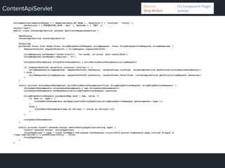 ContentApiServlet
@SlingServlet(resourceTypes = [ NameConstants.NT_PAGE ], selectors = [ "stories", "story" ],
extensions = [ EXTENSION_JSON, "xml" ], methods = [ "GET" ])
@Slf4j("LOG")
public class ContentApiServlet extends XmlOrJsonResponseServlet {
@Reference
ContentApiService contentApiService
@Override
protected final void doGet(final SlingHttpServletRequest slingRequest, final SlingHttpServletResponse slingResponse) {
RequestPathInfo requestPathInfo = slingRequest.requestPathInfo
slingResponse.setHeader("Cache-Control", "no-cache, no-store, must-revalidate")
slingResponse.setHeader("Expires", "0");
StorySearchParameters storySearchParameters = buildStorySearchParameters(slingRequest)
if (requestPathInfo.selectors.contains('stories')) {
writeResponse(slingResponse, requestPathInfo.extension, JacksonViews.ListView, contentApiService.getStories(storySearchParameters))
} else {
writeResponse(slingResponse, requestPathInfo.extension, JacksonViews.DetailView, contentApiService.getStory(slingRequest.resource))
}
}
static private StorySearchParameters buildStorySearchParameters(final SlingHttpServletRequest slingHttpServletRequest) {
StorySearchParameters storySearchParameters = new StorySearchParameters()
storySearchParameters.setBaseResource(slingHttpServletRequest.resource)
slingHttpServletRequest.parameterMap.each { key, value ->
if (key == 'type') {
storySearchParameters.setType(resolveStoryTypeClass(slingHttpServletRequest.getParameter('type')))
}
else {
storySearchParameters[key as String] = (value as String[])[0]
}
}
storySearchParameters
}
static private Class<? extends Story> resolveStoryTypeClass(String type) {
Class<? extends Story> storyTypeClass
storyTypeClass = type ? Class.forName("com.bryanw.conferences.circuit2015.groovy.components.page.stories.${type}.$
{type.capitalize()}").asSubclass(Story) : Story
storyTypeClass
}
}
Bedrock 	
   	
  CQ	
  Component	
  Plugin	
  
Sling	
  Models 	
   	
  Jackson	
  
 