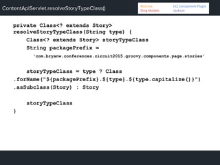 ContentApiServlet.resolveStoryTypeClass()
private Class<? extends Story>
resolveStoryTypeClass(String type) {
Class<? extends Story> storyTypeClass
String packagePrefix =
'com.bryanw.conferences.circuit2015.groovy.components.page.stories'
storyTypeClass = type ? Class
.forName("${packagePrefix}.${type}.${type.capitalize()}")
.asSubclass(Story) : Story
storyTypeClass
}
Bedrock 	
   	
  CQ	
  Component	
  Plugin	
  
Sling	
  Models 	
   	
  Jackson	
  
 