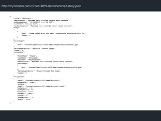 http://mydomain.com/circuit-2015-demo/article-1.story.json
{
"title": "Article 1",
"description": "Maximas vero virtutes iacere omnis necesse",
"publishedDate": "08/06/2015 01:21 AM CDT",
"seoTitle": "Article One",
"seoDescription": "Maximas vero virtutes iacere omnis necesse",
"body":
[
{
"text": "Lorem ipsum dolor sit amet, consectetur adipiscing elit.n",
"index": 0
}
],
"mainImage":
{
"src": "/content/dam/circuit-2015-demo/images/article1banner.jpg"
},
"mainImageCaption": "Article 1 Banner Image",
"index": 0,
"authorBio":
{
"firstName": "Bryan",
"lastName": "Williams",
"twitter": "@brywilliams",
"description": "Maximas vero virtutes iacere omnis necesse",
"mainImage":
{
"src": "/content/dam/circuit-2015-demo/images/bryanw-profile.png"
},
"mainImageCaption": "Bryan Williams Bio Image",
"index": 0
},
"storyLink":
{
"path": "/content/circuit-2015-demo/article-1",
"extension": "html",
"suffix": "",
"href": "/content/circuit-2015-demo/article-1.html",
"selectors": [ ],
"queryString": "",
"external": false,
"target": "_self",
"title": "",
"properties": { },
"empty": false
}
}
 
