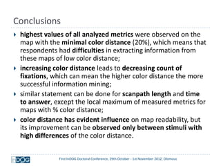 Conclusions
   highest values of all analyzed metrics were observed on the
    map with the minimal color distance (20%), which means that
    respondents had difficulties in extracting information from
    these maps of low color distance;
   increasing color distance leads to decreasing count of
    fixations, which can mean the higher color distance the more
    successful information mining;
   similar statement can be done for scanpath length and time
    to answer, except the local maximum of measured metrics for
    maps with % color distance;
   color distance has evident influence on map readability, but
    its improvement can be observed only between stimuli with
    high differences of the color distance.


                First InDOG Doctoral Conference, 29th October - 1st November 2012, Olomouc
 