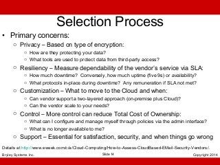 Selection Process

• Primary concerns:

o Privacy – Based on type of encryption:
o How are they protecting your data?
o What tools are used to protect data from third-party access?

o Resiliency – Measure dependability of the vendor’s service via SLA:
o How much downtime? Conversely, how much uptime (five 9s) or availability?
o What protocols in-place during downtime? Any remuneration if SLA not met?

o Customization – What to move to the Cloud and when:
o Can vendor support a two-layered approach (on-premise plus Cloud)?
o Can the vendor scale to your needs?

o Control – More control can reduce Total Cost of Ownership:
o What can I configure and manage myself through policies via the admin interface?
o What is no longer available to me?

o Support – Essential for satisfaction, security, and when things go wrong
Details at http://www.eweek.com/c/a/Cloud-Computing/How-to-Assess-CloudBased-EMail-Security-Vendors/.
Bryley Systems Inc.

Slide 14

Copyright 2014

 