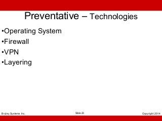 Preventative – Technologies
•Operating System
•Firewall
•VPN
•Layering

Bryley Systems Inc.

Slide 23

Copyright 2014

 