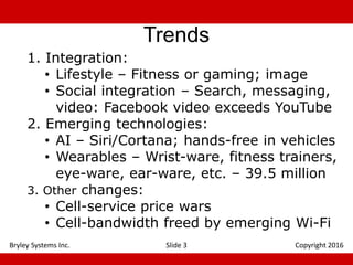Trends
1. Integration:
• Lifestyle – Fitness or gaming; image
• Social integration – Search, messaging,
video: Facebook video exceeds YouTube
2. Emerging technologies:
• AI – Siri/Cortana; hands-free in vehicles
• Wearables – Wrist-ware, fitness trainers,
eye-ware, ear-ware, etc. – 39.5 million
3. Other changes:
• Cell-service price wars
• Cell-bandwidth freed by emerging Wi-Fi
Slide 3 Copyright 2016Bryley Systems Inc.
 