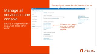 Add or delete
users, manage email, and
set document sharing
policies

One admin console for all
services, with quick overview
of service health

Stay up to date with in-line
planned maintenance reminders

 