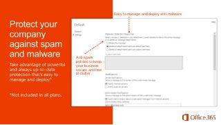 Easy to manage and deploy anti-malware

Anti-spam
policies to keep
your business
secure and free
of clutter

 