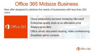 Cloud productivity services hosted by Microsoft

Enterprise-quality tools at an affordable price
Always up-to-date
Office, email, document sharing, video conferencing

Simplified admin console

 