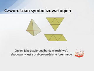 Czworościan symbolizował ogień
Ogień, jako żywioł „najbardziej ruchliwy”,
zbudowany jest z brył czworościanu foremnego
 