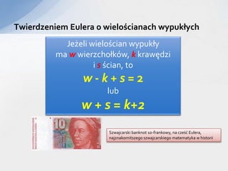 Twierdzeniem Eulera o wielościanach wypukłych
Jeżeli wielościan wypukły
ma w wierzchołków, k krawędzi
i s ścian, to
w - k + s = 2
lub
w + s = k+2
Szwajcarski banknot 10-frankowy, na cześć Eulera,
najznakomitszego szwajcarskiego matematyka w historii
 