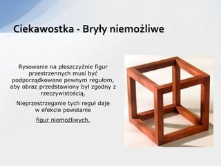 Ciekawostka - Bryły niemożliwe
Rysowanie na płaszczyźnie figur
przestrzennych musi być
podporządkowane pewnym regułom,
aby obraz przedstawiony był zgodny z
rzeczywistością.
Nieprzestrzeganie tych reguł daje
w efekcie powstanie
figur niemożliwych.
 