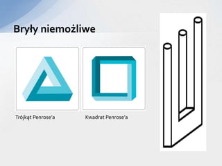 Bryły niemożliwe
Trójkąt Penrose’a Kwadrat Penrose’a
 