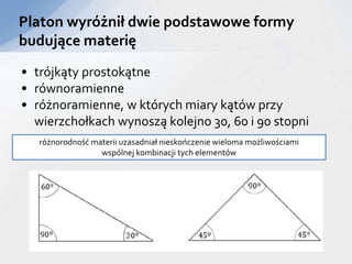 Platon wyróżnił dwie podstawowe formy
budujące materię
• trójkąty prostokątne
• równoramienne
• różnoramienne, w których miary kątów przy
wierzchołkach wynoszą kolejno 30, 60 i 90 stopni
różnorodność materii uzasadniał nieskończenie wieloma możliwościami
wspólnej kombinacji tych elementów
 