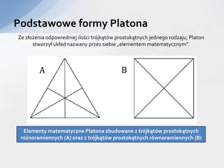 Podstawowe formy Platona
Ze złożenia odpowiedniej ilości trójkątów prostokątnych jednego rodzaju, Platon
stworzył układ nazwany przez siebie „elementem matematycznym”.
Elementy matematyczne Platona zbudowane z trójkątów prostokątnych
różnoramiennych (A) oraz z trójkątów prostokątnych równoramiennych (B)
 