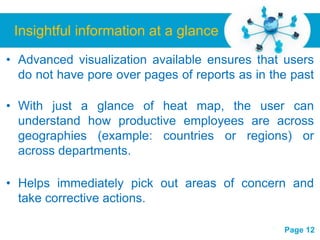 Insightful information at a glance
• Advanced visualization available ensures that users
  do not have pore over pages of reports as in the past

• With just a glance of heat map, the user can
  understand how productive employees are across
  geographies (example: countries or regions) or
  across departments.

• Helps immediately pick out areas of concern and
  take corrective actions.

                    Free Powerpoint Templates
                                                 Page 12
 