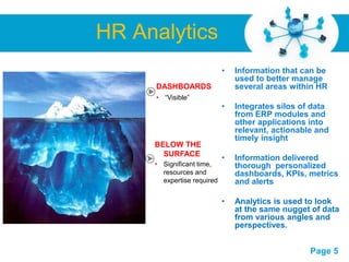 HR Analytics
                               •   Information that can be
                                   used to better manage
        DASHBOARDS                 several areas within HR
        • “Visible”
                               •   Integrates silos of data
                                   from ERP modules and
                                   other applications into
                                   relevant, actionable and
                                   timely insight
        BELOW THE
          SURFACE
                               •   Information delivered
        • Significant time,        thorough personalized
          resources and            dashboards, KPIs, metrics
          expertise required       and alerts

                               •   Analytics is used to look
                                   at the same nugget of data
                                   from various angles and
                                   perspectives.

   Free Powerpoint Templates
                                                      Page 5
 