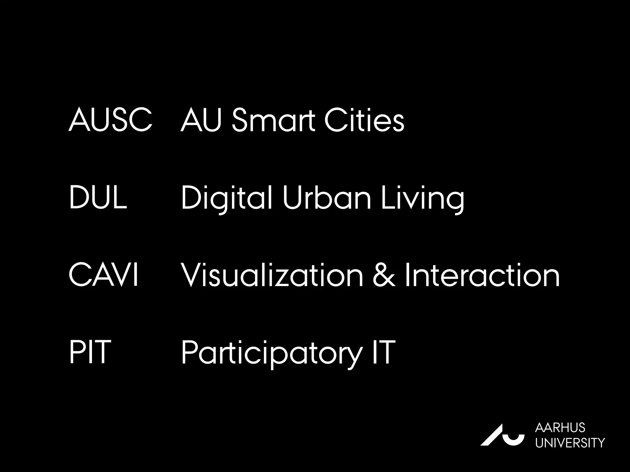 AUSC
DUL
CAVI
PIT
AU Smart Cities
Digital Urban Living
Visualization & Interaction
Participatory IT
AU
AARHUS
UNIVERSITY
 
