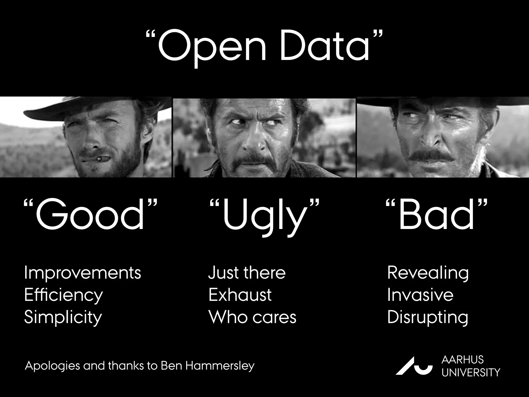 AU
AARHUS
UNIVERSITY
“Open Data”
“Good” “Ugly” “Bad”
Improvements
Eﬃciency
Simplicity
Just there
Exhaust
Who cares
Revealing
Invasive
Disrupting
Apologies and thanks to Ben Hammersley
 
