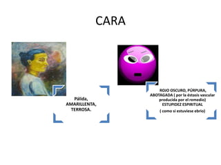 CARA
Pálida,
AMARILLENTA,
TERROSA.
ROJO OSCURO, PÚRPURA,
ABOTAGADA ( por la éstasis vascular
producida por el remedio)
ESTUPIDEZ ESPIRITUAL
( como si estuviese ebrio)
 