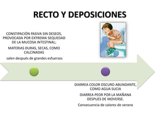 RECTO Y DEPOSICIONES
CONSTIPACIÓN PASIVA SIN DESEOS,
PROVOCADA POR EXTREMA SEQUEDAD
DE LA MUCOSA INTESTINAL;
MATERIAS DURAS, SECAS, COMO
CALCINADAS
salen después de grandes esfuerzos
DIARREA COLOR OSCURO ABUNDANTE,
COMO AGUA SUCIA
DIARREA PEOR POR LA MAÑANA
DESPUES DE MOVERSE.
Consecuencia de calores de verano
 