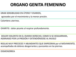 ORGANO GENITA FEMENINO
GRAN SENSIBILIDAD EN ÚTERO Y OVARIOS,
agravados por el movimiento y la menor presión.
Calambres uterinos.
OVARITIS : dolor picante al respirar profundamente.
DOLOR VIOLENTO EN EL OVARIO DERECHO, COMO SI SE DESGARRARA,
AGRAVADO POR LA PRESIÓN Y EXTENDIÉNDOSE AL MUSLO
REGLAS MUY PRECOCES Y ABUNDANTES QUE EMPEORAN por el MOVIMIENTO,
acompañadas de dolores desgarrantes y punzantes en las piernas.
DISMENORREA
 
