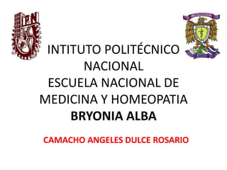 INTITUTO POLITÉCNICO
NACIONAL
ESCUELA NACIONAL DE
MEDICINA Y HOMEOPATIA
BRYONIA ALBA
CAMACHO ANGELES DULCE ROSARIO
 