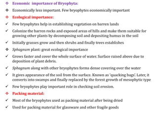  Economic importance of Bryophyta:
 Economically less important. Few bryophytes economically important
 Ecological importance:
 Few bryophytes help in establishing vegetation on barren lands
 Colonize the barren rocks and exposed areas of hills and make them suitable for
growing other plants by decomposing soil and depositing humus in the soil
 Initially grasses grow and then shrubs and finally trees establishes
 Sphagnum plant: great ecological importance
 Grows faster and cover the whole surface of water. Surface raised above due to
deposition of plant debris.
 Sphagnum along with other bryophytes forms dense covering over the water
 It gives appearance of the soil from the surface. Known as ‘quacking bags’. Later, it
converts into swamps and finally replaced by the forest growth of mesophytic type
 Few bryophytes play important role in checking soil erosion.
 Packing material:
 Most of the bryophytes used as packing material after being dried
 Used for packing material for glassware and other fragile goods
 