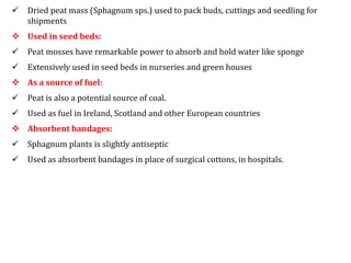  Dried peat mass (Sphagnum sps.) used to pack buds, cuttings and seedling for
shipments
 Used in seed beds:
 Peat mosses have remarkable power to absorb and hold water like sponge
 Extensively used in seed beds in nurseries and green houses
 As a source of fuel:
 Peat is also a potential source of coal.
 Used as fuel in Ireland, Scotland and other European countries
 Absorbent bandages:
 Sphagnum plants is slightly antiseptic
 Used as absorbent bandages in place of surgical cottons, in hospitals.
 