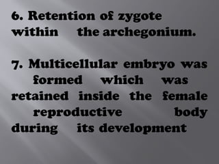 6. Retention of zygote
within the archegonium.
7. Multicellular embryo was
formed which was
retained inside the female
reproductive body
during its development
 