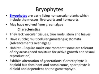 Bryophytes
• Bryophytes are early living nonvascular plants which
include the mosses, liverworts and hornworts.
• May have evolved from green algae
Characteristics
• They lack vascular tissues, true roots, stem and leaves.
• Have cuticle; multicellular gametangia; stomata
(Advancements over algae)
• Habitat - Require moist environment; some are tolerant
of dry areas (need moisture for active growth and sexual
reproduction)
• Exhibits alternation of generations: Gametophyte is
haploid but dominant and conspicuous, sporophyte is
diploid and dependent on the gametophyte.
 