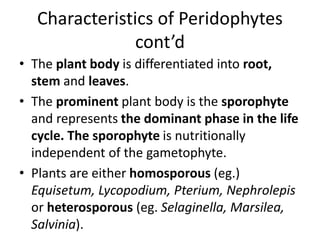 Characteristics of Peridophytes
cont’d
• The plant body is differentiated into root,
stem and leaves.
• The prominent plant body is the sporophyte
and represents the dominant phase in the life
cycle. The sporophyte is nutritionally
independent of the gametophyte.
• Plants are either homosporous (eg.)
Equisetum, Lycopodium, Pterium, Nephrolepis
or heterosporous (eg. Selaginella, Marsilea,
Salvinia).
 