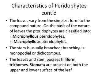 Characteristics of Peridophytes
cont’d
• The leaves vary from the simplest form to the
compound nature. On the basis of the nature
of leaves the pteridophytes are classified into:
i. Microphyllous pteridophytes,
ii. Macrophyllous pteridophytes.
• The stem is usually branched; branching is
monopodial or dichotomous.
• The leaves and stem possess filliform
trichomes. Stomata are present on both the
upper and lower surface of the leaf.
 