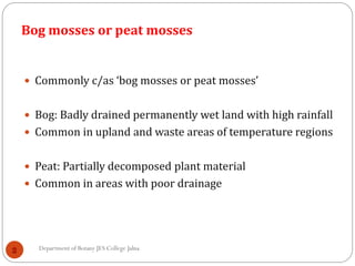 Bog mosses or peat mosses
 Commonly c/as ‘bog mosses or peat mosses’
 Bog: Badly drained permanently wet land with high rainfall
 Common in upland and waste areas of temperature regions
 Peat: Partially decomposed plant material
 Common in areas with poor drainage
Department of Botany JES College Jalna
 