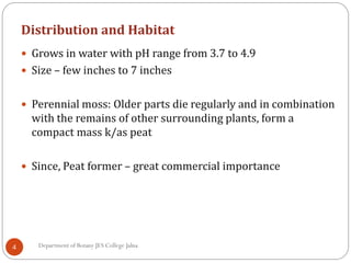 Distribution and Habitat
4
 Grows in water with pH range from 3.7 to 4.9
 Size – few inches to 7 inches
 Perennial moss: Older parts die regularly and in combination
with the remains of other surrounding plants, form a
compact mass k/as peat
 Since, Peat former – great commercial importance
Department of Botany JES College Jalna
 