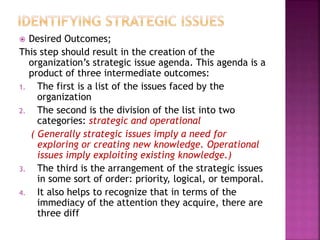  Desired Outcomes;
This step should result in the creation of the
organization’s strategic issue agenda. This agenda is a
product of three intermediate outcomes:
1. The first is a list of the issues faced by the
organization
2. The second is the division of the list into two
categories: strategic and operational
( Generally strategic issues imply a need for
exploring or creating new knowledge. Operational
issues imply exploiting existing knowledge.)
3. The third is the arrangement of the strategic issues
in some sort of order: priority, logical, or temporal.
4. It also helps to recognize that in terms of the
immediacy of the attention they acquire, there are
three diff
 