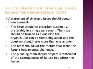  A statement of strategic issues should contain
three elements:
1. The issue should be described succinctly,
preferably i...