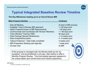 National Aeronautics and Space Administration




         Typical Integrated Baseline Review Timeline
  The Key Milestones leading up to an Out-of-House IBR:

  Major Program Activities                                      Timeframe

  • Kick-off Meeting                                            At start of IBR process
  •   Establish Team & Review IBR Approach                      >= 90 days prior
  •   Notify Project/Contract of IBR Requirements               ~ 90 days prior
  •   Communicate and Coordinate with All team Members          > = 60 days prior
  •   Team Member Training (TBD)                                60 days prior
  •   Data Package Receipt (Notebooks)                          >= 6 weeks prior
  •   Data Analysis/Discussion                                  4 - 6 weeks prior
  •   Telecon/Videocon - Data Calls completed                   4 weeks prior
  •   IBR Preparation Meeting (set Agenda)                      1 week prior
  •   On-Site Visit                                             At IBR


          If this process is managed well, the Review itself can be “by
          exception” and accomplished in one day, often before or after a
          Monthly Program Review. This front-loaded approach appears to
          be unique based upon Government and industry experience.

www.nasa.gov                                                                              11
       In-House Consulting in a OneNASA Age
 