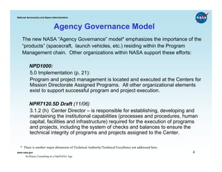 National Aeronautics and Space Administration



                                Agency Governance Model
    The new NASA “Agency Governance” model* emphasizes the importance of the
    “products” (spacecraft, launch vehicles, etc.) residing within the Program
    Management chain. Other organizations within NASA support these efforts:

          NPD1000:
          5.0 Implementation (p. 21):
          Program and project management is located and executed at the Centers for
          Mission Directorate Assigned Programs. All other organizational elements
          exist to support successful program and project execution.

          NPR7120.5D Draft (11/06)
          3.1.2 (h) Center Director – is responsible for establishing, developing and
          maintaining the institutional capabilities (processes and procedures, human
          capital, facilities and infrastructure) required for the execution of programs
          and projects, including the system of checks and balances to ensure the
          technical integrity of programs and projects assigned to the Center.

  * There is another major dimension of Technical Authority/Technical Excellence not addressed here.
www.nasa.gov                                                                                           4
       In-House Consulting in a OneNASA Age
 