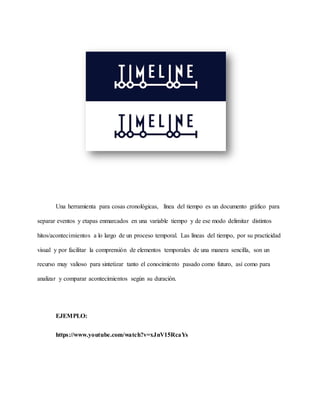 Una herramienta para cosas cronológicas, línea del tiempo es un documento gráfico para
separar eventos y etapas enmarcados en una variable tiempo y de ese modo delimitar distintos
hitos/acontecimientos a lo largo de un proceso temporal. Las líneas del tiempo, por su practicidad
visual y por facilitar la comprensión de elementos temporales de una manera sencilla, son un
recurso muy valioso para sintetizar tanto el conocimiento pasado como futuro, así como para
analizar y comparar acontecimientos según su duración.
EJEMPLO:
https://www.youtube.com/watch?v=xJnV15RcaYs
 