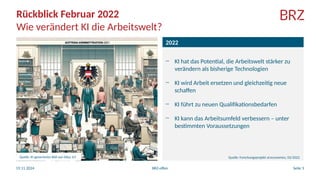 BRZ-offen
19.11.2024
Rückblick Februar 2022
Wie verändert KI die Arbeitswelt?
2022
- KI hat das Potential, die Arbeitswelt...