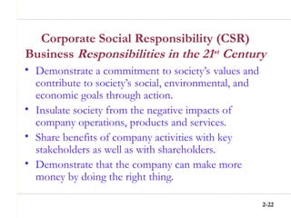 2-22
Corporate Social Responsibility (CSR)
Business Responsibilities in the 21st Century
• Demonstrate a commitment to society’s values and
contribute to society’s social, environmental, and
economic goals through action.
• Insulate society from the negative impacts of
company operations, products and services.
• Share benefits of company activities with key
stakeholders as well as with shareholders.
• Demonstrate that the company can make more
money by doing the right thing.
 